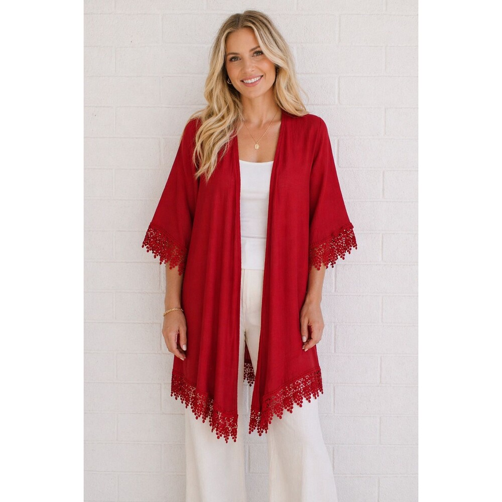 NWT Per Seption Concepts Large Cool Red Open Tunic Jacket Ornate Lace Trim